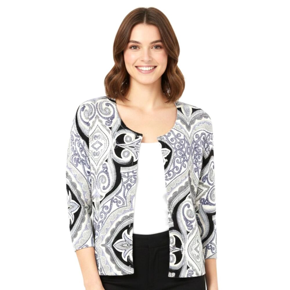 White House Black Market Womens M Geometric Cardigan Blue White Rhinestone Knit